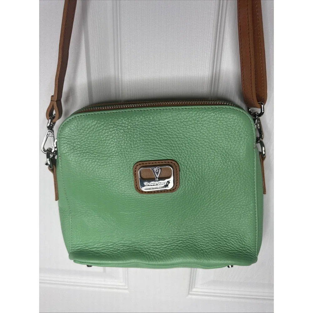 Valentina Sage Green Pebble Brown Leather Crossbody EUC! Made in Italy 🇮🇹 $125